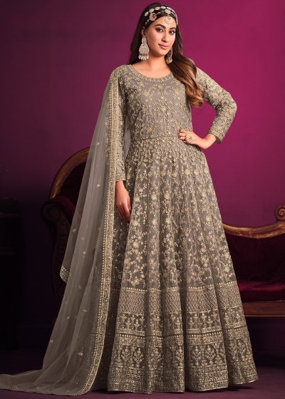 Net embroidered abaya style Anarkali suit in Grey colour 5001